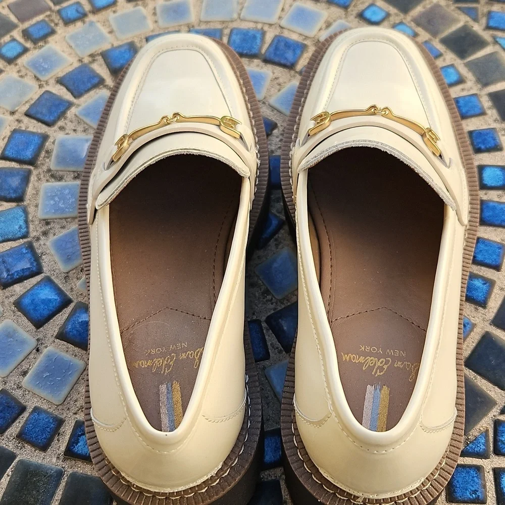 Sam Edelman New York Cream Loafers with Gold Buckle Detail
